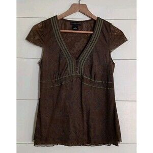 Women's Y2K Whimsigoth Boho Fairygrunge Babydoll Top Brown Green Mesh Size Small